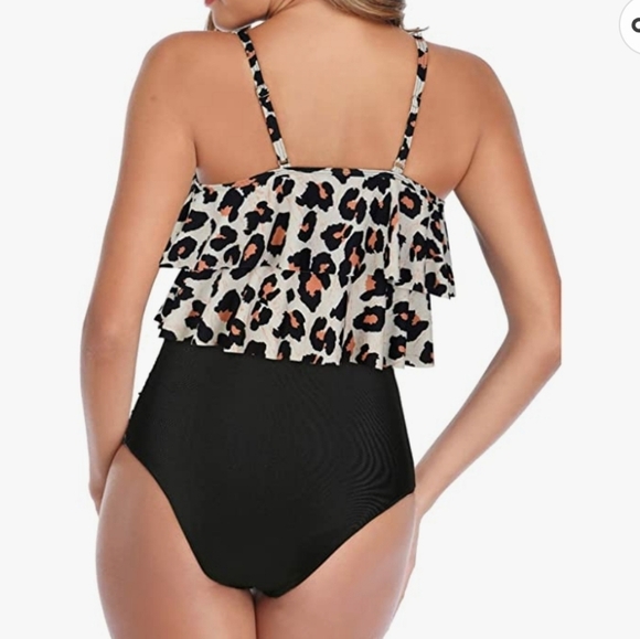 Leopard Print Tankini Top with Black Ruched Bottom Size L - Picture 9 of 11